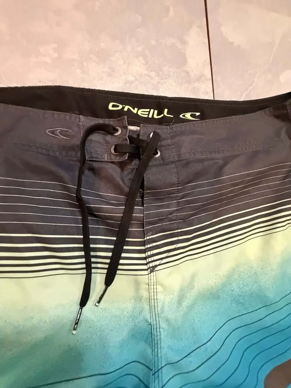 O'Neill Board Shorts Size 36 Striped Blue Green Surf Trunks